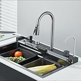 JUNSOTTOR Évier de Cuisine Cascade Multifonctionnel Robinet Extractible Haute Pression Affichage Température ANTI ÉCLABOUSSURES Éviers de Cuisine en Acier Inoxydable(75x46cm)