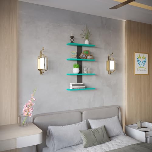 Image of Wooden Wall Mounted Floating Rack Shelves Book Stand Display Hanging Shelf Living Room Bedroom Storage Home Office for Decoration Showcase (Cyan Black)