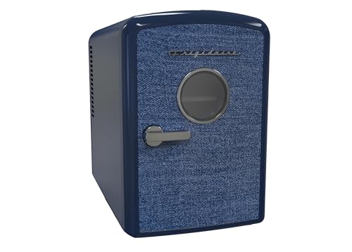 Frigidaire Mini Personal Fridge Cooler, 1 Gal Capacity fits 9 Cans, Includes Plugs for Home Outlet & DC Charger - 9.84" D x 7.09" W x 10.35" H, Indigo Denim Fabric Door - image 2