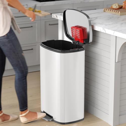Image of iTouchless 13 Gallon Step Trash Can with Odor Filter, 50L Stainless Steel Kitchen Garbage Bin, AirNova Silent Soft-Close Lid, Fingerprint-Proof Finish, Minimalist Clean Decor Accent Ivory White Finish