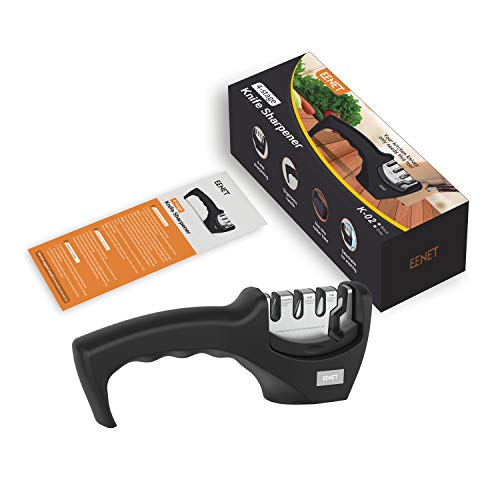 EENET Handheld Professional Knife Sharpener - 4 Stage sharpeners with Anti-Slip Mat, Quickly Sharpening and Honing Non-Serrated Blades, Suitable for Scissors, Cut Resistant (Black)