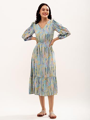 Image of AASK Abstract Printed Puff Sleeve Gathered Detailed Fit Flare Dress