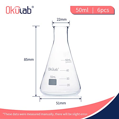 Okulab Conical Flask Set, Glass Erlenmeyer Flasks, 6pcs of Vol.50ml, Borosilicate 3.3 Glass Material with Printed Graduation.EFNG50A6