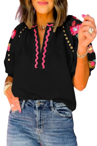 Ecosunny Women's Casual V Neck Puff Short Sleeve Shirts Floral Embroidered Ricrac Textured Loose Tunic Blouses Tops