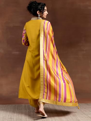 Image of Libas Womens Printed Silk Blend Straight Kurta With Trousers and Dupatta | daily wear suit