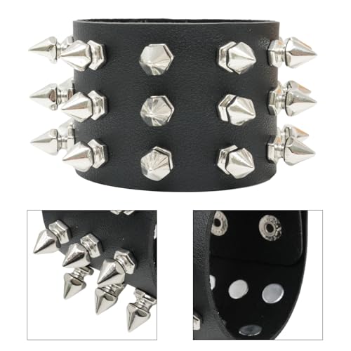 Honbay 2PCS Exaggerated Black Leather Rivet Wristband Spiked Studded Bracelet Gothic Punk Rock Biker Wristband Wide Strap Leather Bracelet Cuff Wrap Bangle Snap Button Metal Wristband for Men Women3