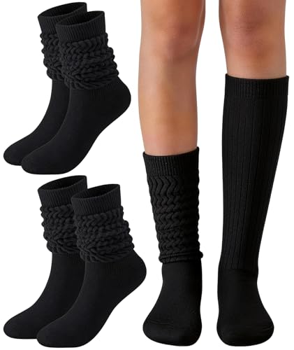 PLULON 2 Pairs Black Slouchy Socks for Women Scrunch Slouch Long Boot Socks Knee High Knit Tube Leg Warmers for Boots Sneakers Athletic Essentials (Size 5-11)