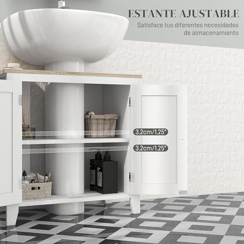 Miniatura 5 de Kleankin Mueble Bajo Lavabo Mueble De Baño Con 2 Puertas Y Estante Ajustable Armario De Baño Para Lavabo Con O Sin Pedestal Estilo Moderno 60x30x60 Cm Blanco