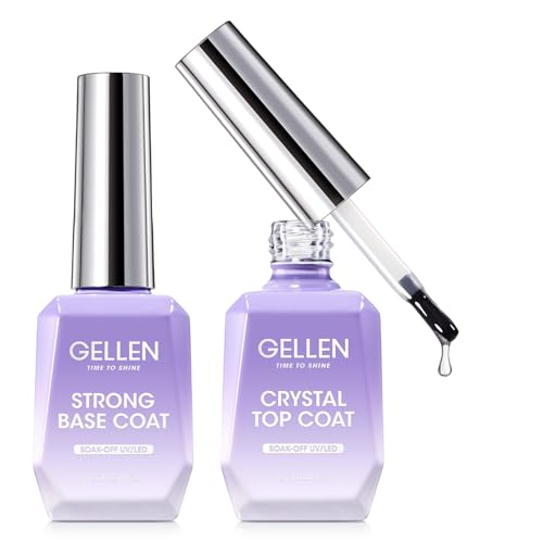 Gellen Gel Base and Top Coat,18ml*2 Crystal Top Coat Nail Polish, Anti-scratch No Sanding Base Coat, Soak Off Cured Clear Super Glossy Top Base Coat Gel Polish for Salon Home