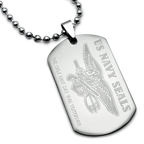 Kriskate & Co. U.S. Navy Seals Logo + Psalm 23:4 Inscription Stainless Steel Military Style Dog Tag Necklace 24 Inches