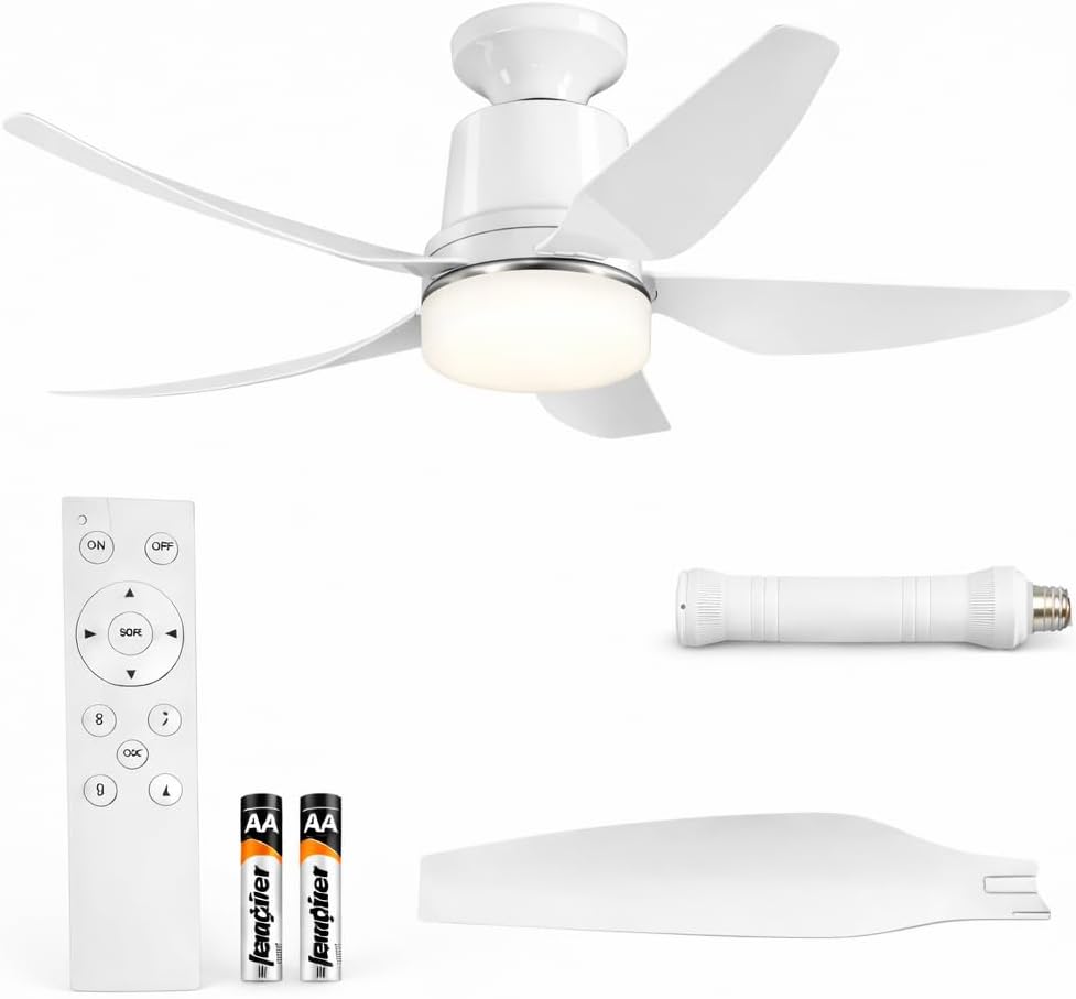 Socket Fan Light with Remote, 28.35″ Ceiling Fan Lights with E26 Base, 4 Speeds, 3000K-6500K Dimmable LED, 2-In-1 Socket Light for Patios, Garage, Bedroom, Living Room, Closet, and Small Rooms(White)
