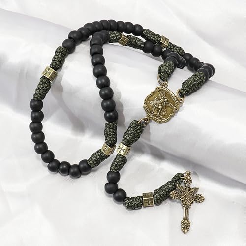 Nazareth Store Antique Bronze Metal Rugged Durable Paracord Rosary Necklace Black Matte Prayer Beads with Saint Medal and Crucifix2