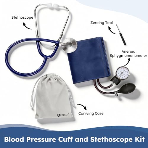 LotFancy Blood Pressure Cuff and Stethoscope Kit with D-Ring, Professional BP Cuff Standard Adult 10”-16” for Nursing School, Home, Easy to Use BP Machine with Carrying Case Zero Calibrator, Navy