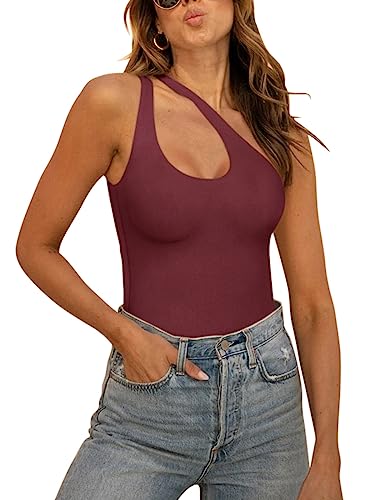 REORIA Women's Plunge One Shoulder Bodysuit Tank Top