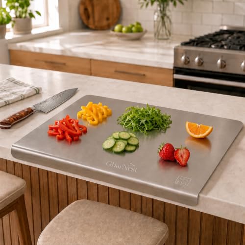 Image of GharNestSteel Chopping Board for Kitchen Heavy-Duty Stainless Steel Kitchen Cutting Board for Vegetables, Fruits, Meat & Fish Anti-Skid, Food Safe & Rust Resistant Size 41.5 * 29 CM (Counter Top)
