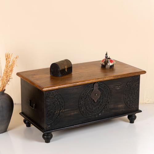 Image of Rafi Wooden Trunk Box for Storage | Solid Wood Coffee Table for Living Room | Center Coffee Table with Storage | Front Wooden Carved Sandook Pitara for Home Decor & Bedroom (Black Distress)
