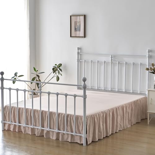 Bed Skirt Full Size, Ruffled Bed Skirt with Split Corners, Full Bed Skirts 14 Inch Drop with Platform, Striped Boho Bed Skirting Full Size, Pink-tinged Cream, 14'' Ful