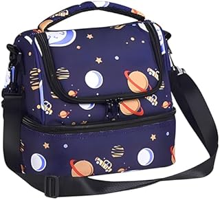 ZAHRVIA Lunch Bag Kids, Insulated Boys Lunch Box Bag, Portable Thermal Meal Prep Tote for School Daycare Picnic, Water-Resistant Lining (Space Rocket, Blue)