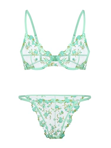 Image of Lilosy Sexy Floral Embroidered Mesh Sheer Underwire Lingerie Set