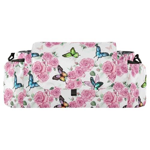 Burbuja Roses Butterflies Stroller Organizer with Insulated Cup Holders, Non-Slip Stroller Caddy Universal Fits Most Strollers, Nursery Accessories