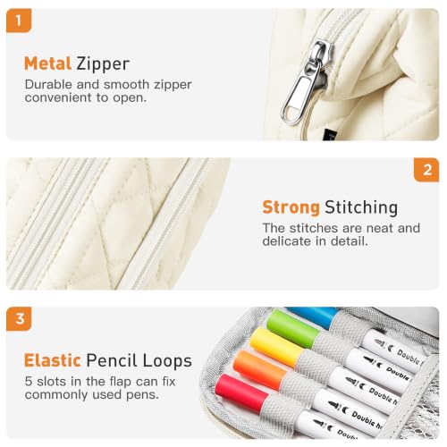 Image of Zannaki Soft Quilted Large Pencil Pouch Organizer with Wide Opening for Boys Girls Teens - Extra Big Capacity Pen Pencil Bag with Zipper, Portable Pencil Case Box for School, College, Cosmetic Gift