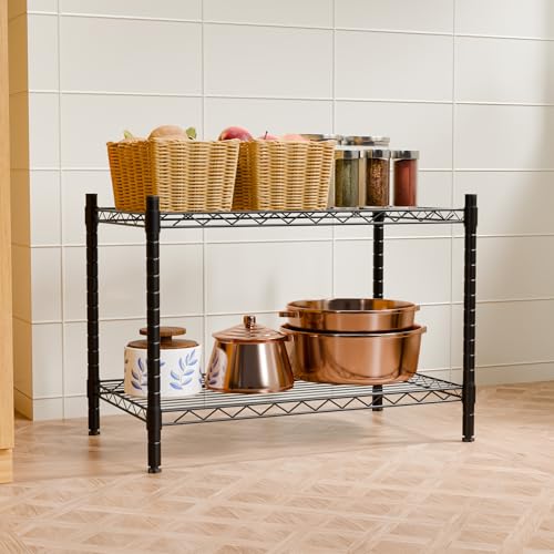 Image of TEX-RO Metal Rack for Kitchen Storage - Adjustable Iron Shelf with Wheels | Heavy Duty Steel Stand for Storage Multipurpose | 2 Tier Organiser Rack for Office, Bedroom (24X14X16 Inch)