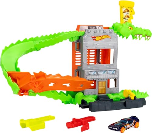 Hot Wheels Juego de Pista para Coches de Juguete Croc Pizza Attack Conjunto de Juego con Pista y vehículo a Escala 1:63, reducción de Velocidad para vencer al cocodrilo y Evitar Que te Coma, JHL93