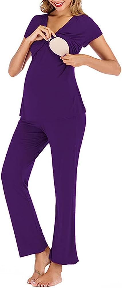 Umstandspyjama-Set Damen Langarm Nachtwäsche Stillen Stillnachtwäsche PJ Set Loungewear Schwangerschaft für Krankenhaus Zuhause
