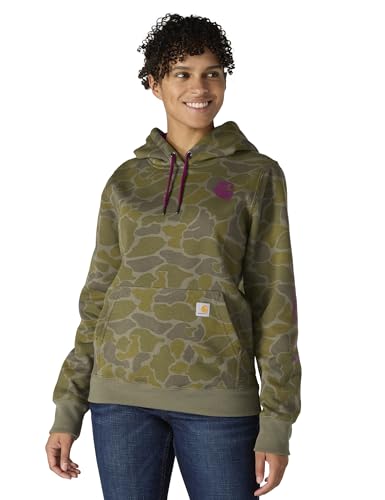 Carhartt Women's Relaxed Fit Midweight Logo Sleeve Graphic Printed Sweatshirt, Dusty Olive Vintage Camo, Medium