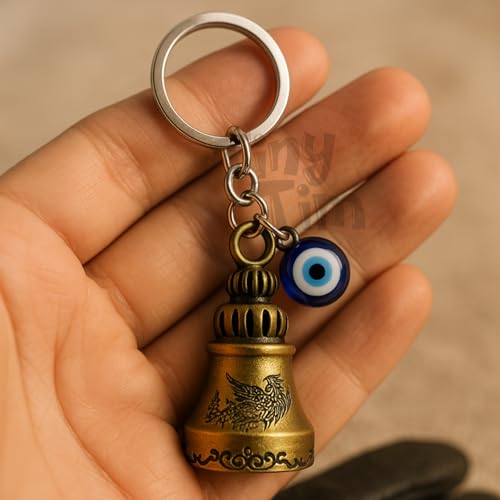 Image of Tiny Tim Guardian Bell with Evil Eye Charm - Protective Motorcycle & Car Accessory - Tibetan-Inspired Design - Wards Off Negative Energy - Ideal Gift for Bikers & Travelers
