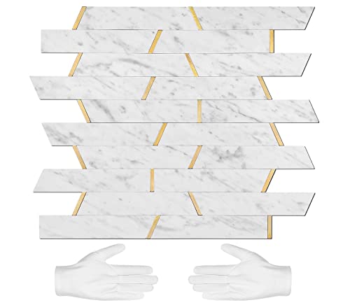Stickgoo 10 Sheets Peel And Stick Backsplash, Carrara White Stick On Mosaic Tiles For Kitchen Wall Decor, Self Adhesive Mixed Metal Gold Backsplash For Kitchen #TOP1