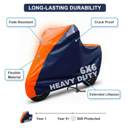 Image of 6X6 Heavy Duty Bike Cover for Splendor Plus, Dual Tone Orange & Blue, All-Weather Protection, Waterproof, UV Resistant, Dustproof, Durable Outdoor Motorcycle Body Covers for Daily Use