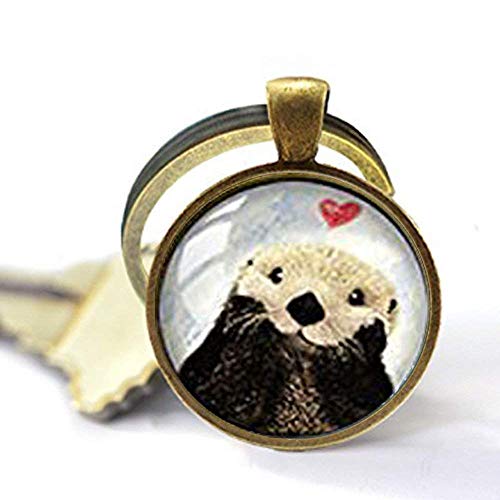 Preisvergleich Produktbild Handgefertigter Schlüsselanhänger mit Glaskuppel, Retro-Stil, Otter Love Schmuck, personalisierte Geschenke