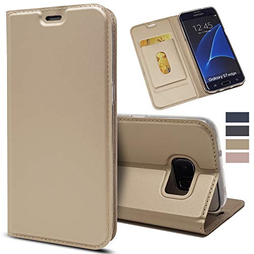 Samsung Galaxy S7 Edge 手帳型 ケース Cavor クラシックPUレザー Galaxy S7 Edge au SCV33 docomo SC-02Hケーススリムフォリオブックカバー クレジットカードスロット付き ノートブック型スタンドホルダー マグネット閉鎖 Galaxy S7 Edge カバー機能 軽量 超薄型 耐摩擦 - ゴールド