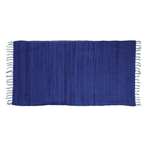 Relaxdays Flickenteppich blau 70 x 140 cm mit Fransen 100 % Baumwolle, einfarbig, Fleckerlteppich,...