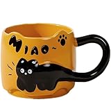 ZONSUSE Taza Gato Negro Creativa, Taza de Cerámica 3D con Cola como Asa, Taza Animal Kawaii para Café Desayuno, Regalo para Mujeres Niñas Niños Amantes de Gatos, 380ml (Gato Negro-Naranja)