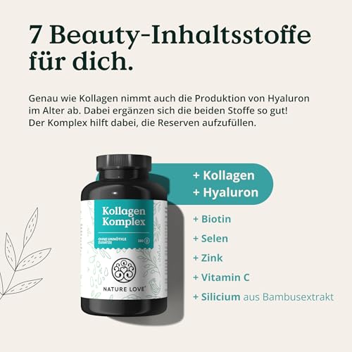 NATURE LOVE® Kollagen Komplex – 180 Kapseln – mit Hyaluron, Biotin, Selen, Zink, Vitamin C aus Acerola & Silicium aus Bambusextrakt – Collagen hochdosiert – laborgeprüft und in Deutschland produziert 4