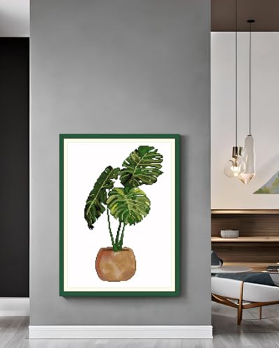 Image of CaptainCrafts Cross Stitch Kits, New Counted Kit Unprinted 14CT Fabric Cross Stitching DIY Art DMC Needlecrafts Embroidery Kit for Adults Beginner (White, Monstera deliciosa)