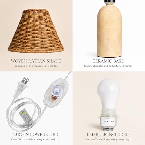 14" Small Mini Wicker Table Lamp – Handmade Ceramic Base with Rattan Shade, Dimmable Nightstand or Accent Light for Nursey, Kitchen Counter, Small Spaces, Bookshelf, Nightstand – Boho Decor by ora bamboo - Used condition - Image 6