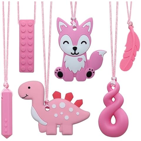 Chew Necklaces for Sensory Kids, 6 Pack Fox and Dinosaur Silicone Chewy Necklace for Boys and Girls with Autism, ADHD, SPD, Sensory Chewing Toys for Autistic Children Reduce Anxiety Fidgeting Cover