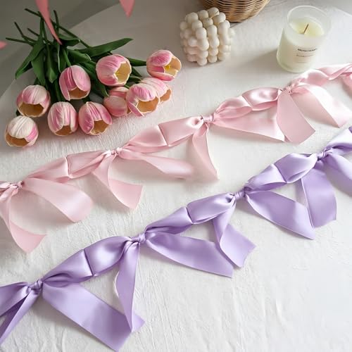 Image of Bow Knot Garland | 6ft Linking Satin Bow Banner with 3ft Extend Ribbon for Coquette Bachelorette Party, Baby Shower,Bridal Shower Wedding Baby Room Bed Decor (Violet, 6ft)