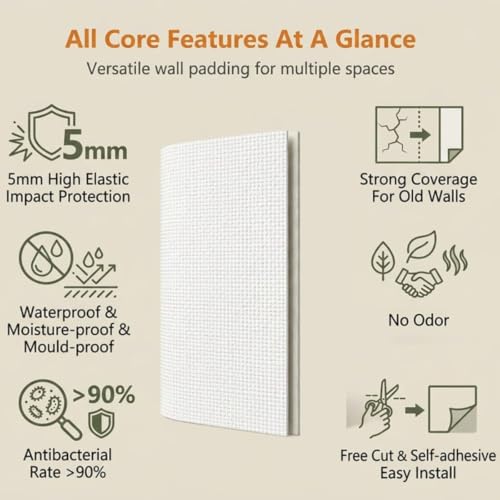 Paneles de pared tapizados autoadhesivos blancos | Acolchado protector grueso de 5 rollos 5