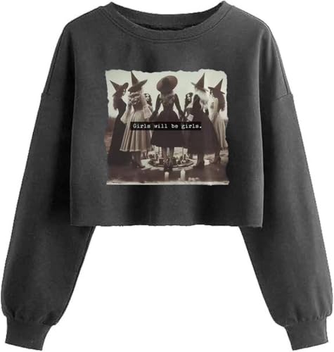 Boikukx Women's Girl Will Be Girls Witch Crop Sweatshirt Fall