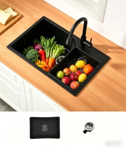 Évier de Cuisine Noir en Granit, Evier Cuisine 1 Bac 70 x 45 cm, Avec Bac Intérieur de Rechange et Vidange, Évier Cuisine Adaptable aux Meubles Bas à...