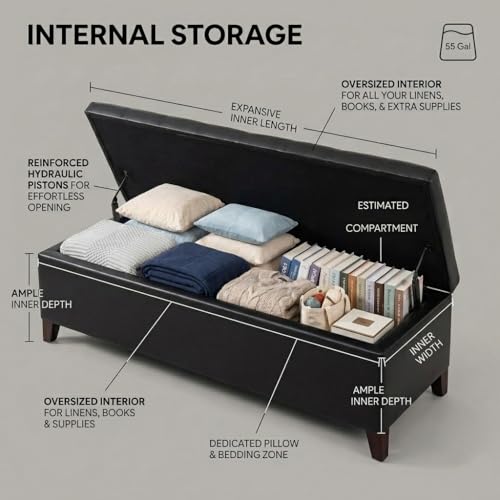 Image of Black Ottoman with Storage Faux Leather Storage Ottoman Bench