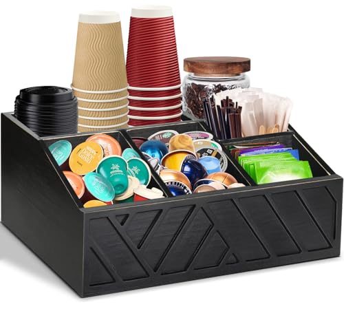 ugiftt コーヒーステーションオーガナイザー カウンター用 木製コーヒーポッドホルダー 収納バスケット ティー調味料収納オーガナイザー 素朴なバー装飾 アクセサリーオーガナイザー