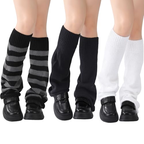Jspupifip Leg Warmers Y2K for Women, 3-Pack Knit Flared Long Striped Leg Sleeves Socks, Kawaii Aesthetic Winter Accessories Halloween Christmas Gift