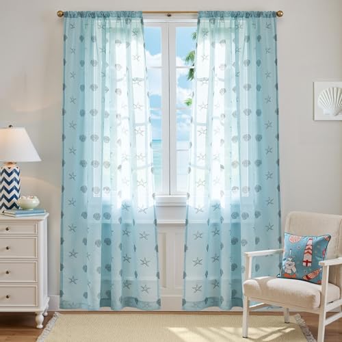 jinchan Blue Sheer Curtains for Living Room Bedroom Coastal Curtains for Beach Cabin Summer Room 84 Inch Long Voile Light Filtering Seashell Starfish Window Treatments Set Rod Pocket 2 Panels