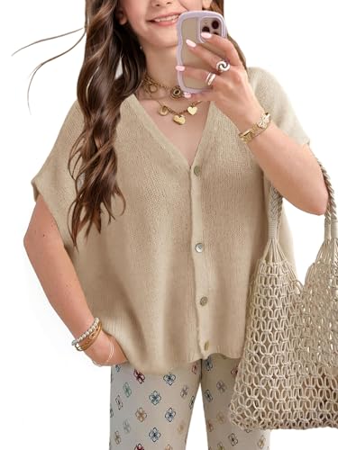 Girls Sweater Cardigans Tops Fashion Teen Spring Summer Batwing Short Sleeve Button Lightweight Casual Loose Top Khaki