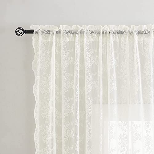 YJ YANJUN Beige Net Curtains 54 drop Sheer Lace Curtains for Bedroom Heavy Short Window Voile Rod Pocket Set of 2 52 W x 54 L Inch(132cm x 137cm),Light Beige - Image 2